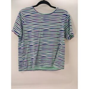 Basic Editions Striped Short Sleeve Crew‎ Neck T Shirt Women LG Mint Purple Blue